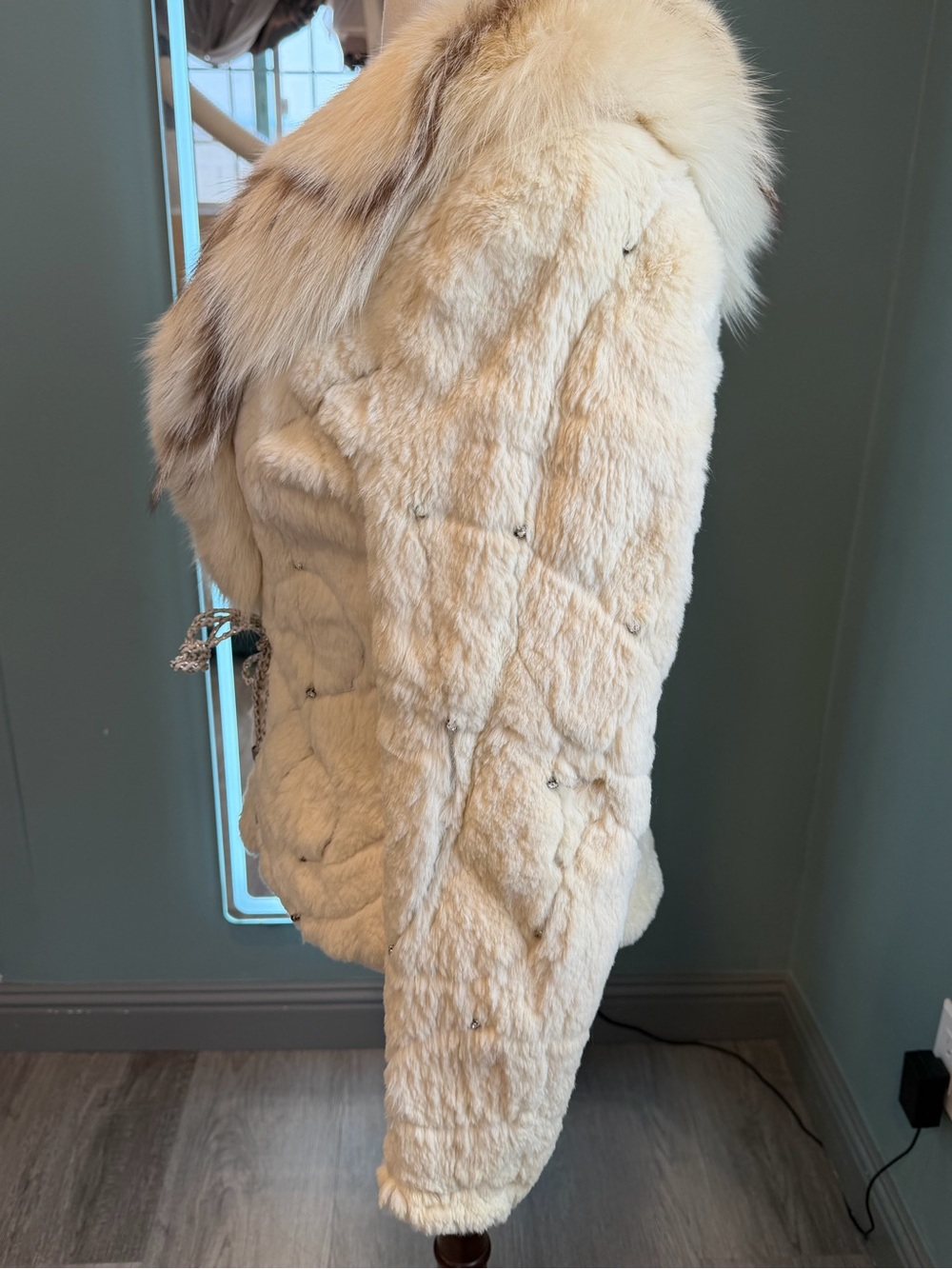 Vintage White Rabbit Fur Jacket Fox Fur Collar Y2K XS S - Picture 3 of 12